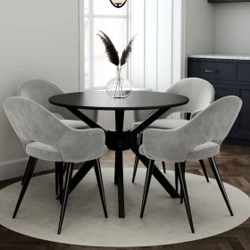 4 Seater Dining Set with Round Black Table and Grey Fabric Dining Chairs