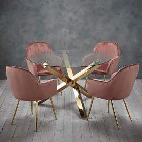 Capri Glass Top Dining Table + 4 Pink Velvet Dining Chairs with Gold Legs