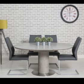 Extendable Concrete Round Dining Table & 4 Grey Faux Leather Chairs