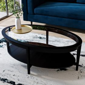 Oval Black Wood Coffee Table with Glass Top