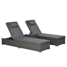 3 Piece Rattan Sun Lounger Set, Garden Furniture with Side Table, 5-Position Adjustable Recline Chair, Grey