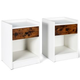 Set of 2 Bedside Table with a Drawer and Open Shelf-WHite