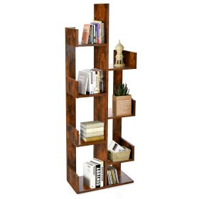 Tree-Shaped Bookshelf with 8 Storage Shelves-Rustic Brown