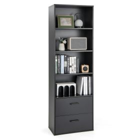 6-Tier Modern Wooden Bookshelf with 4 Open Shelves and 2 Drawers-Black