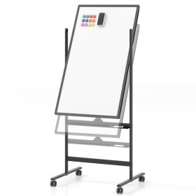 Reversible Rolling White Board with Black Markers and Board Eraser-Black-M