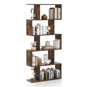 Geometric S-Shaped Bookcase with Anti-Toppling Device for Living Room Home Office-Brown