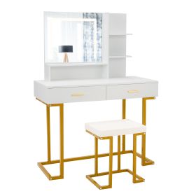 Vanity Set with Large Mirror Makeup Table with Stool and LED Lights-White