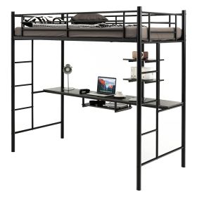 Metal Bunk Bed Frame High Sleeper with Desk and Storage Shelves-Black