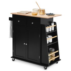 Kitchen Island with Rubber Wood Countertop and Storage on Wheels-Black