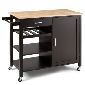 Rolling Kitchen Island Cart with Wine Rack and Adjustable Shelf-Brown