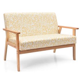 2-Seater Wooden Upholstered Loveseat with Rubber Wood Armrests-Yellow