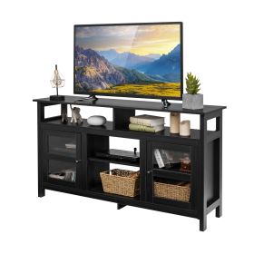 Living Room Console Table for TVs with Wooden Fireplace and 2 Cabinets -Black