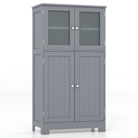 4-Door Bathroom Floor Cabinet with Glass Doors and Adjustable Shelf-Grey