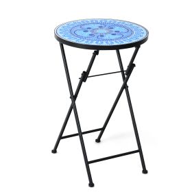 Folding Mosaic Side Table with Ceramic Tile Top and Non-slip Foot Mat-Blue Four Leaf Clover