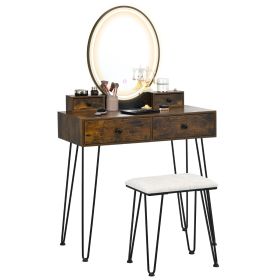 Vanity Table Set with 3-Color Lighted Dimmable Mirror-Rustic Brown