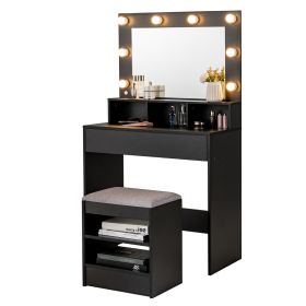 Modern Dressing Table Set with LED Lights Mirror and Drawer-Black