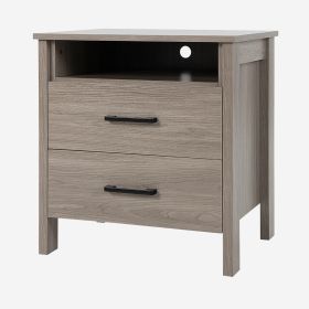 Modern Wooden Nightstand with 2 Drawers and Open Storage Shelf-Light Brown