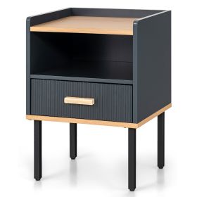 ModernBedside Table with Open Shelf and Solid Metal Legs-Dark Grey
