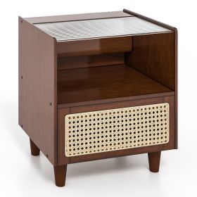 Bamboo Rattan Nightstand with Drawer and Solid Wood Legs for Bedroom Living Room-Brown