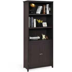 Wooden Tall Bookcase with 3-Tier Storage Cabinet-Coffee