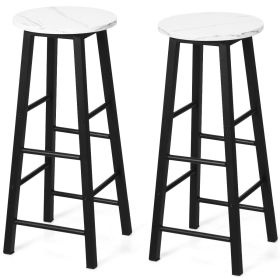Set of 2 Faux Marble Bar Stools with Footrest and Anti-slip Foot Pad-White