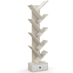10-Tier Tree Bookshelf with Drawer with Anti-Tipping Kit-Beige