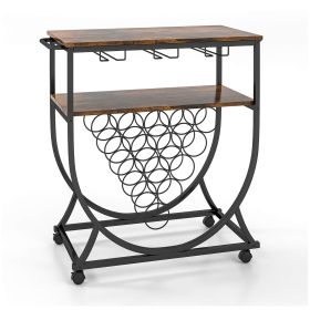 Industrial Rolling Bar Cart with Wine Rack Glass Holders and Utility Wood Tabletop-Rustic Brown