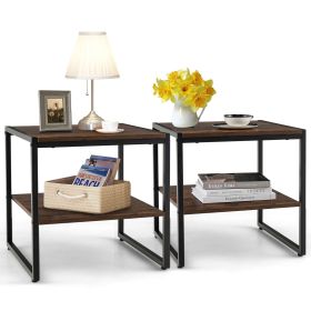 Set of 2 Industrial End Tables with 2-Tier Storage Shelf-Rustic Brown