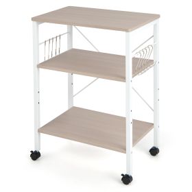 3-Tier Utility Cart Storage Trolley with 10 Removable Hooks-Beige