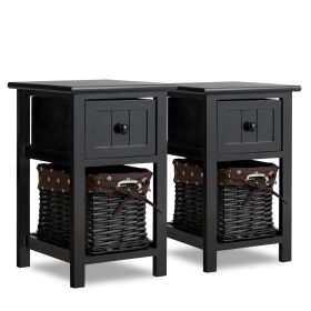 2 Tiers Wood Nightstand with 1 Drawer and 1 Baskets for Home-Black