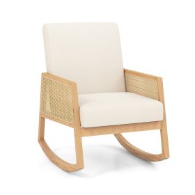 Rocking Chair with Rattan Armrests and Upholstered Cushion-Beige