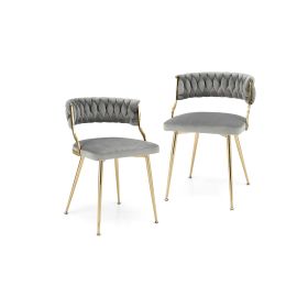 Set of 2 Velvet Dining Chair with Metal Legs and Woven Back-Grey