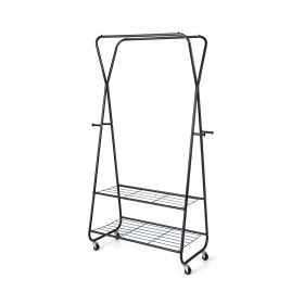 Rolling Clothing Rack  on Wheels with Double Hanging Rods and 2 Shelves-Black