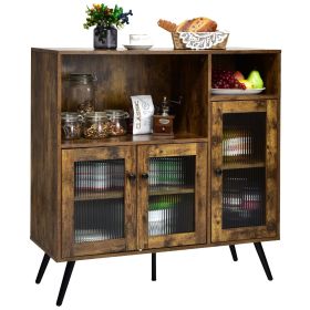 Industrial Wooden Kitchen Storage Cabinet with Tempered Glass Doors-Brown
