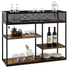 4-Tier Console Table with Wire Basket and Storage Shelves-Brown