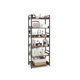 Tall 6-Tier Bookshelf with Open Shelves and 4 Hooks-Rustic Brown