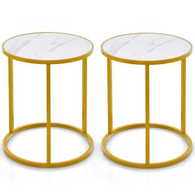 Marble Top Round Side Table with Golden Metal Frame-2 Pieces-Golden