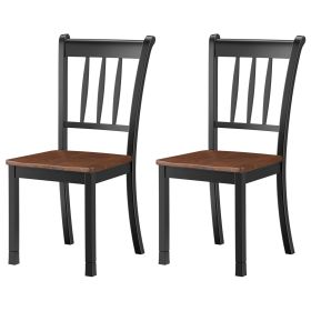 Set of 2 Slatted High Backrest Dining Chairs with Shaped Seat-Black
