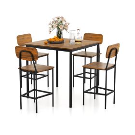 5-Piece Dining Bar Table Set for 4 Counter-Height Dining Table and 4 Bar Chairs-Brown