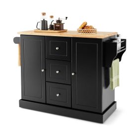 Mobile Kitchen Island Cart with 3 Deep Drawers and 2 Enclosed Cabinets-Black