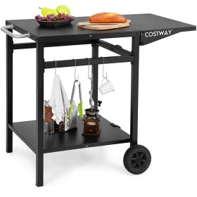 Double-Shelf Dining Cart with Folding Tabletop and 4 Extra Hooks-Black