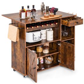 Rolling Kitchen Island Buffet Serving Cart with Drop Leaf-Rustic Brown