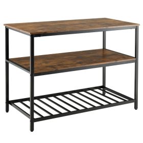 3-Tier Kitchen Shelf with Large Worktop and Metal Frame and Adjustable Pads-Rustic Brown