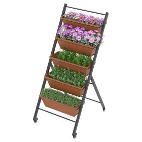5-Layer Vertical Raised Garden Bed with Wheels and Drainage Holes-Brown