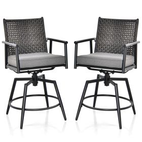 Patio Swivel Bar Stools Set of 2 with PE Rattan Back and Metal Frame-Black