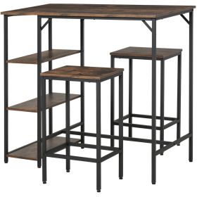 Dining Table Set Industrial Bar Height With 2 Stools & Side Shelf, 3 Pieces Coffee Table for Dining Room, Kitchen, Dinette