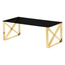 Modern Mishawaka Black Glass Top Coffee Table with Stylish Metal Frame in Gold
