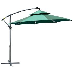 3M Cantilever Parasol Banana Hanging Umbrella with Double Roof, LED Solar lights, Crank, 8 Sturdy Ribs and Cross Base Green