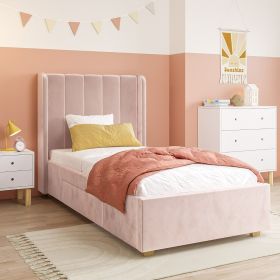 Velvet Single Bed Frame with Storage Drawer - Pink