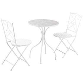 3 Piece Garden Bistro Set, Folding Outdoor Chairs and Mosaic Round Tabletop for Outdoor, Metal, Balcony, Poolside, White